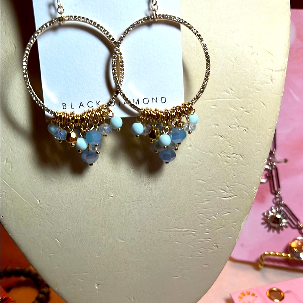 Black Diamond Gold And Blue Beaded Hoop Earrings